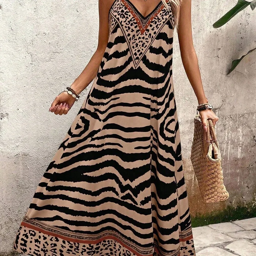 Khaki Boho Women's Elegant TigerPrint Loose Maxi Slip Dress - Picture 3 of 7
